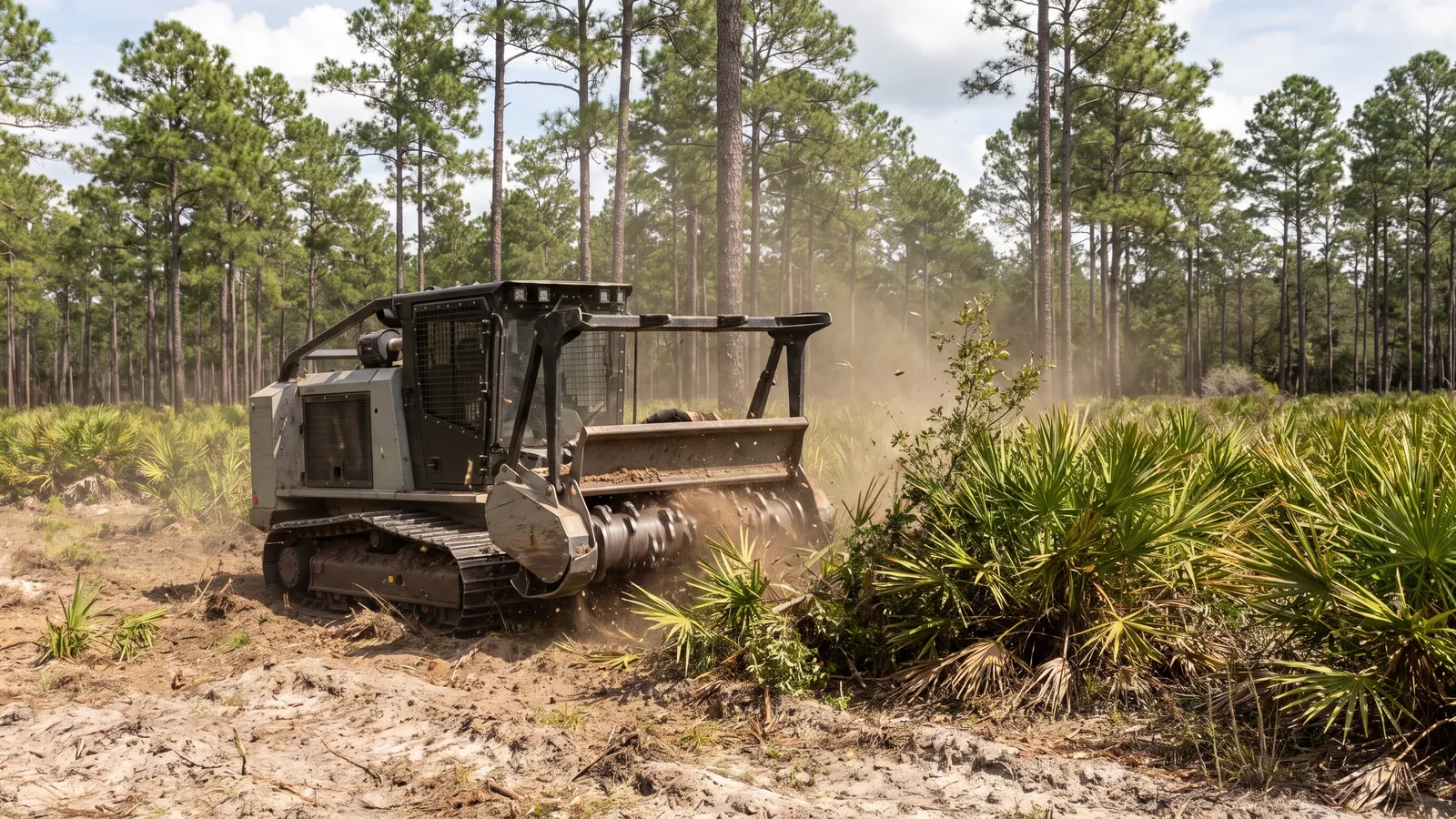 Forestry mulcher clearing palmetto and scrub oak on a Polk County lot