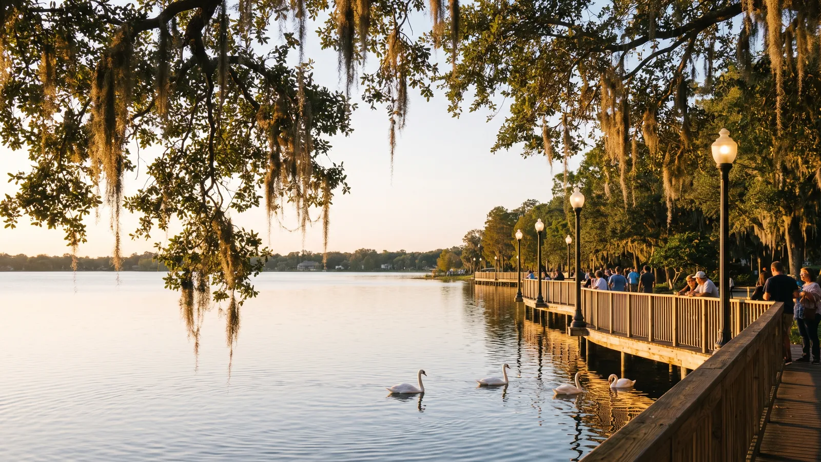 Swans on a Lakeland lake at sunset framed by live oaks and Spanish moss