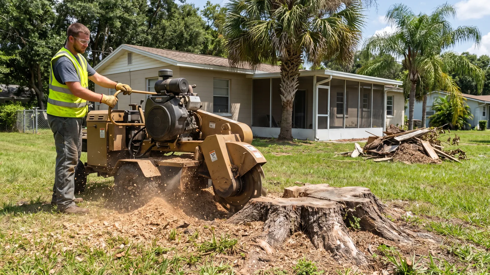 Stump grinder cutting an oak stump below grade in a Lakeland lawn